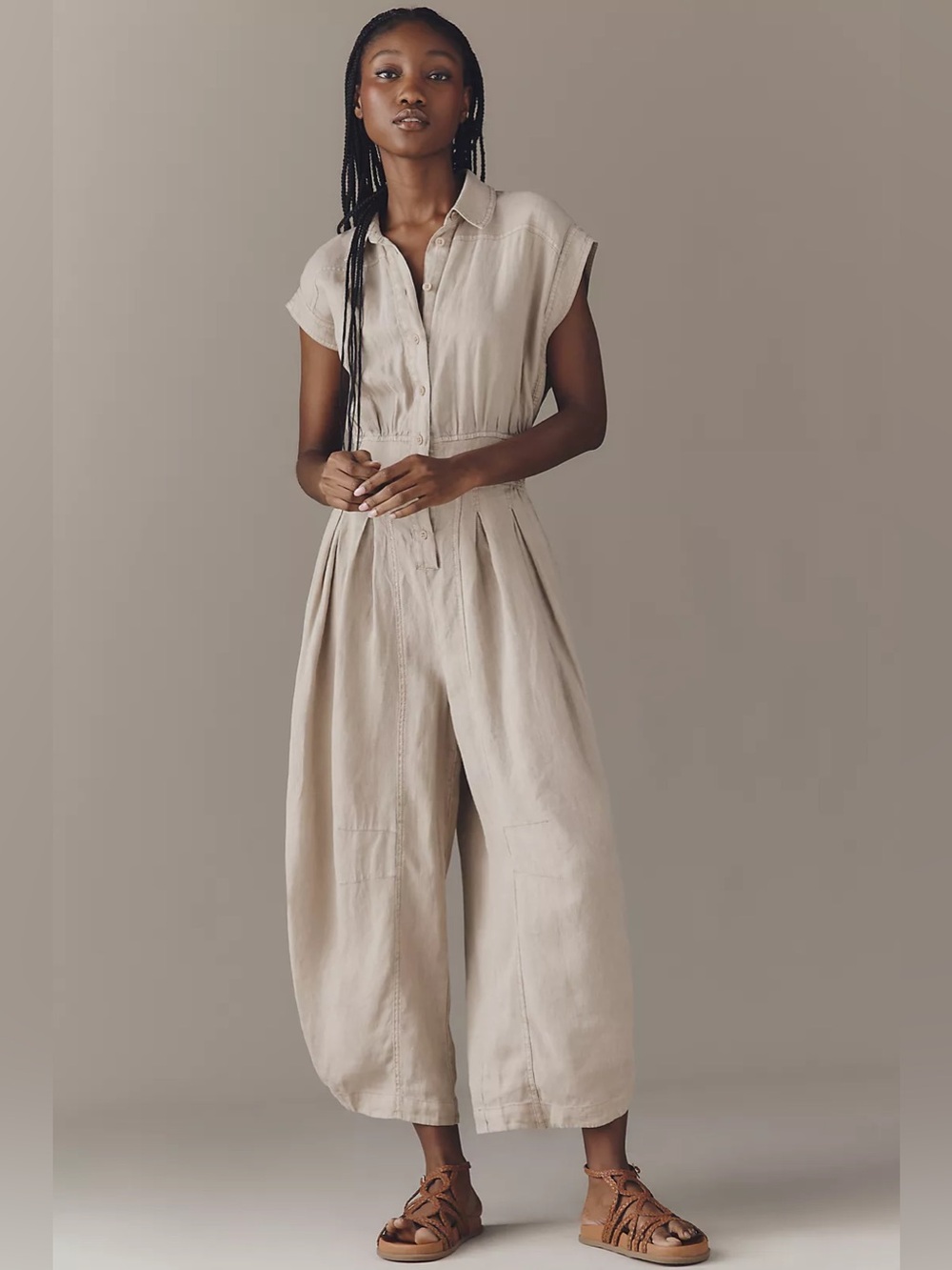 Anthropologie Beige Sleeveless Button-Front Wide-Leg Jumpsuit - Picture 1 of 10